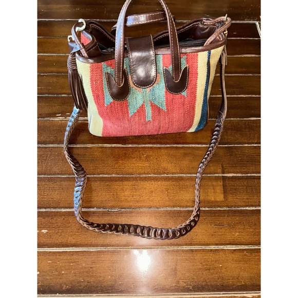 Vintage Aztec Woven Southwest Tote Bag Leather Trim Braided Strap Shoulder Bag - Picture 1 of 9